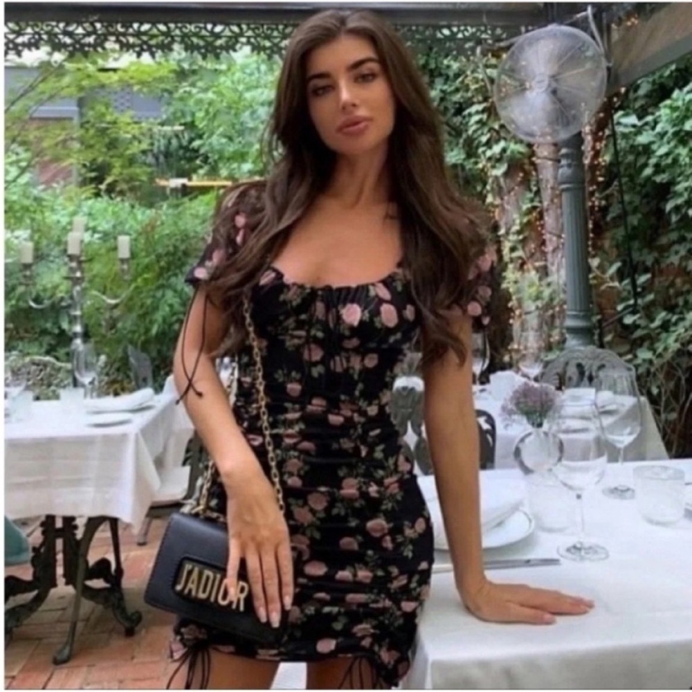 For Love & Lemons Biscotti Floral Silk Mini Dress Noir Rose
